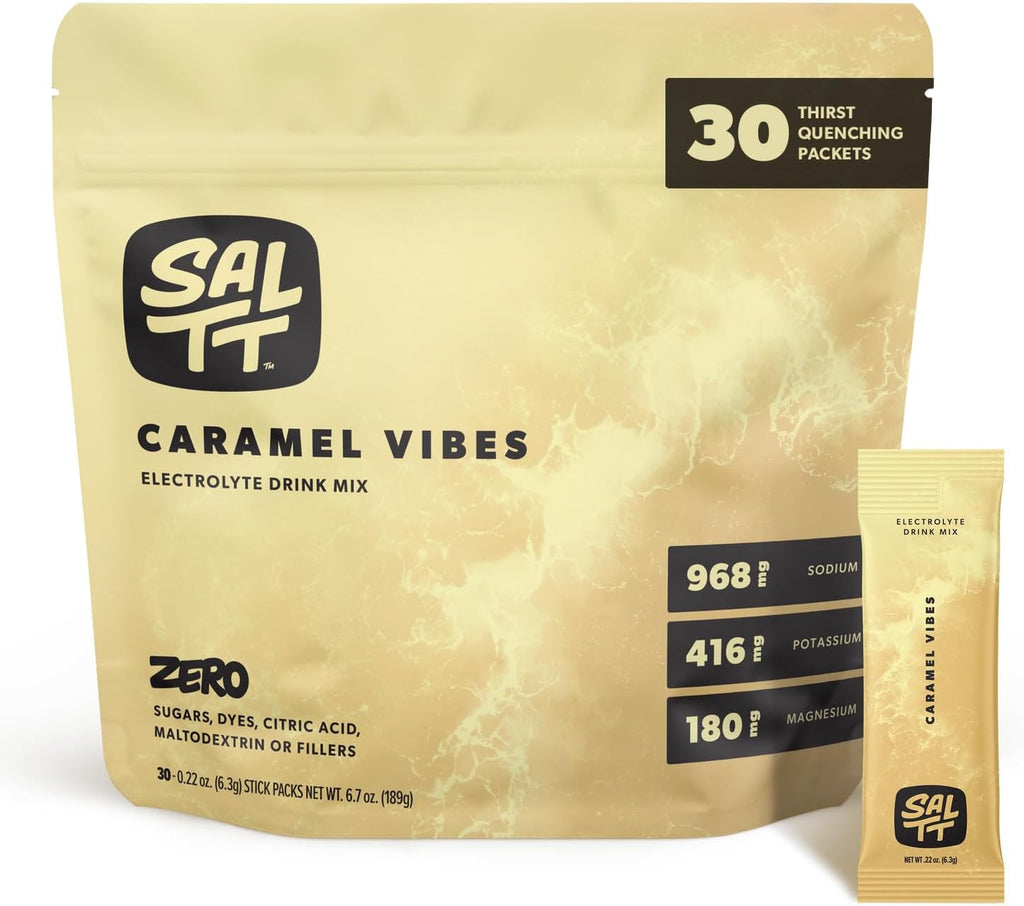 Keto Chow SALTT Electrolytes Powder Packets, Caramel Vibes (30 Hydration Packets) - Magnesium, Potassium, Sodium, Trace Minerals - Vegan, Gluten Free, Sugar Free - Travel Essentials - Made in USA