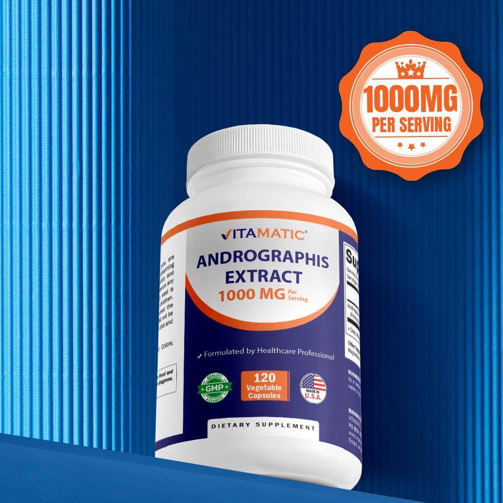 Vitamatic Andrographis Extract 1000 mg Per Serving - 120 Veg Capsules - 20X Extract, 100% Vegetarian, All-Natural, Gluten Free, Non-GMO