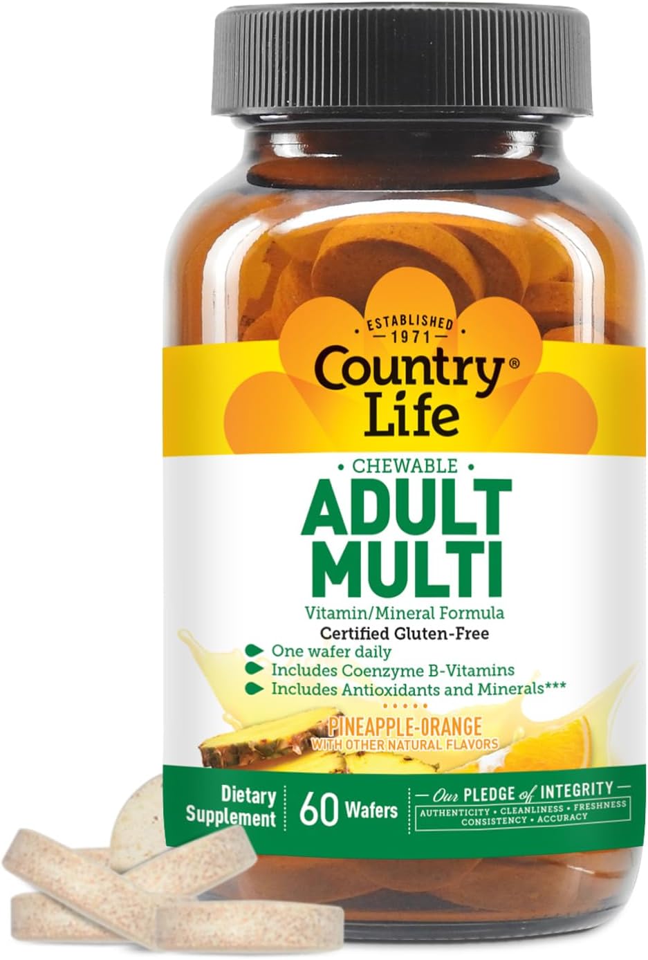 Country Life Adult Chewable Multivitamin with Coenzyme B-Vitamins, Antioxidants, Minerals, Pineapple-Orange Flavor - Supports Energy Metabolism and Immune Health, Gluten Free - 60 Wafers