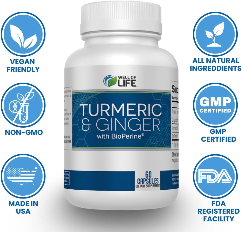 Well of Life: Turmeric & Ginger with BioPerine®: Joint Support - 655mg | 60 Veg Capsules. Helps Immune Function, Digestive Health, and Overall Wellness. Made in USA.