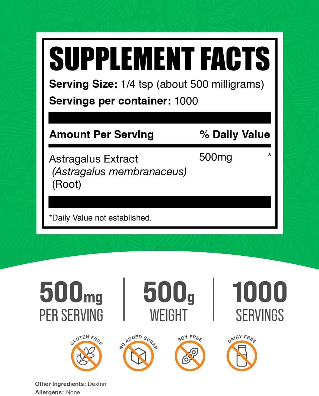 BulkSupplements.com Astragalus Extract Powder - Astragalus Root Powder, Herbal Supplement - Vegan & Gluten Free, 500mg per Serving, 500g (1.1 lbs) (Pack of 1)