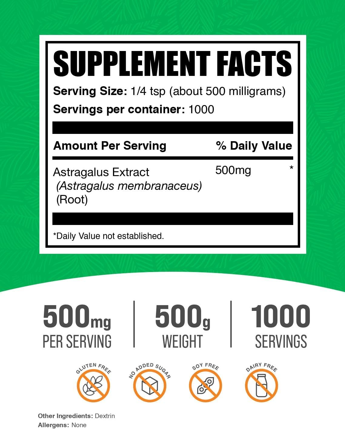 BulkSupplements.com Astragalus Extract Powder - Astragalus Root Powder, Herbal Supplement - Vegan & Gluten Free, 500mg per Serving, 500g (1.1 lbs) (Pack of 1)