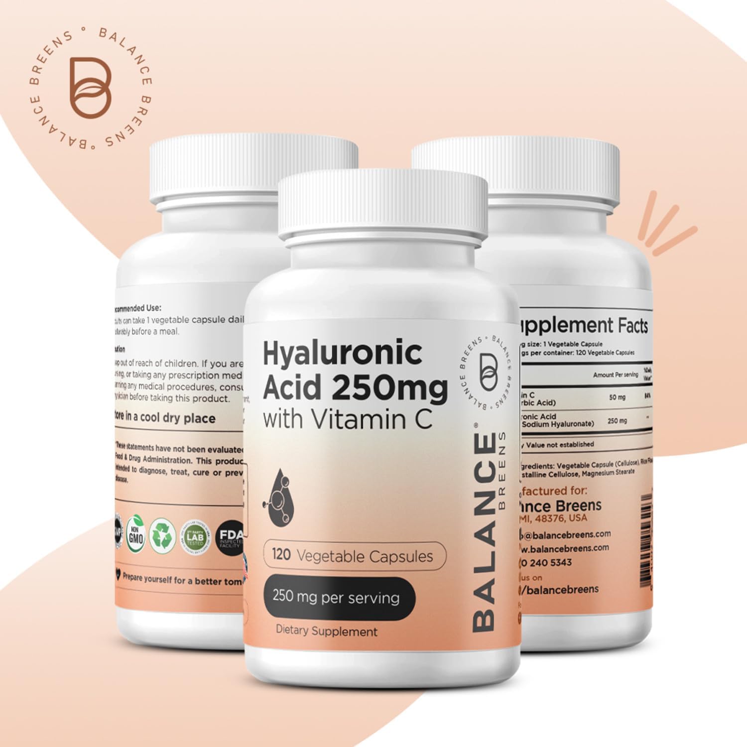 Pure Hyaluronic Acid Supplement 250mg with Vitamin C 50mg, 120 Vegan Capsules - Skin Hydration for Natural Glow, Hair, Nails, Bone & Joint Health Formula