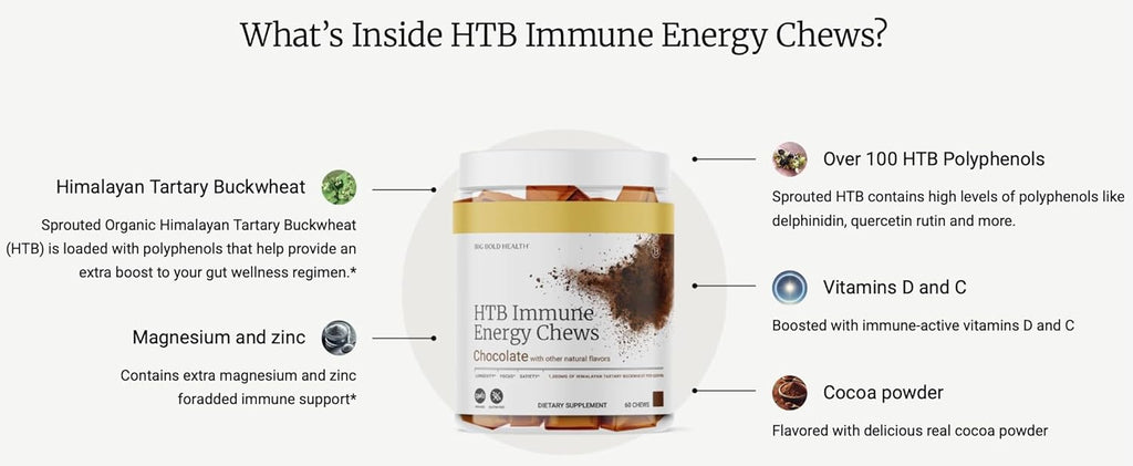 BIG BOLD HEALTH HTB Immune Energy Chews, Organic Sprouted Buckwheat with Vitamin D, Vitamin C, Zinc and Magnesium. Flavored with Delicious Real Cocoa Powder.