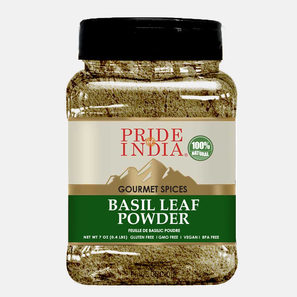 Pride of India Basil Powder | Dried Basil Leaves | Gourmet Culinary Basil Spice | Aromatic Dry Basil for Pesto/Stews/Curries | No Additives & Easy to Store | Medium Dual Sifter Jar - 7 oz