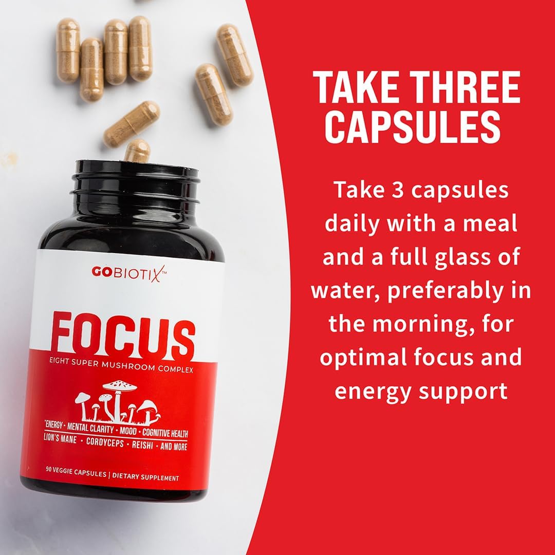 GOBIOTIX Focus Lions Mane Supplement - Mushroom Complex - Nootropics Adaptogen Vitamins - Memory, Clarity, Energy, Immune Support, Cordyceps, Reishi, Chaga, and Maitake - 90 Capsules
