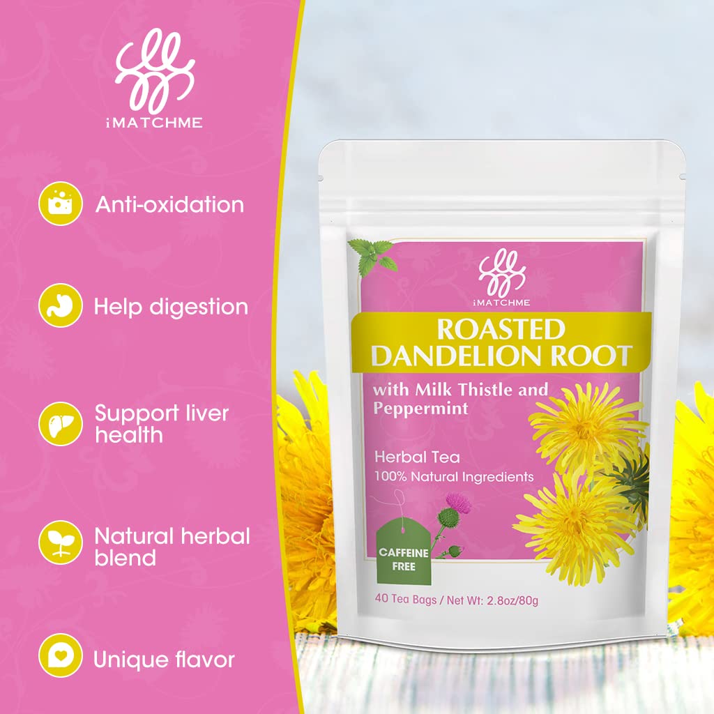 Premium Roasted Dandelion Root Tea with Milk Thistle and Peppermint - Herbal Tea for Cleanse and Digest, 40 bags