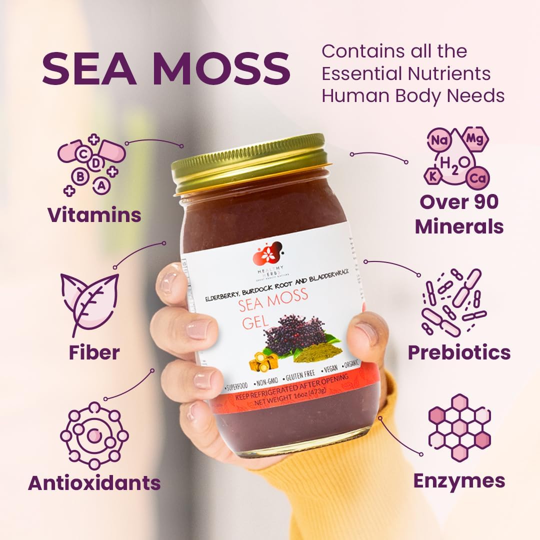 Healthy Herbs Sea Moss Gel (Elderberry) Wildcrafted from Jamaican St Lucia Gold Seamoss | Wild-Harvested Superfood With Over 90 Essential Vitamins & Minerals | Vegan, Non-GMO, US-Made (16 oz.)