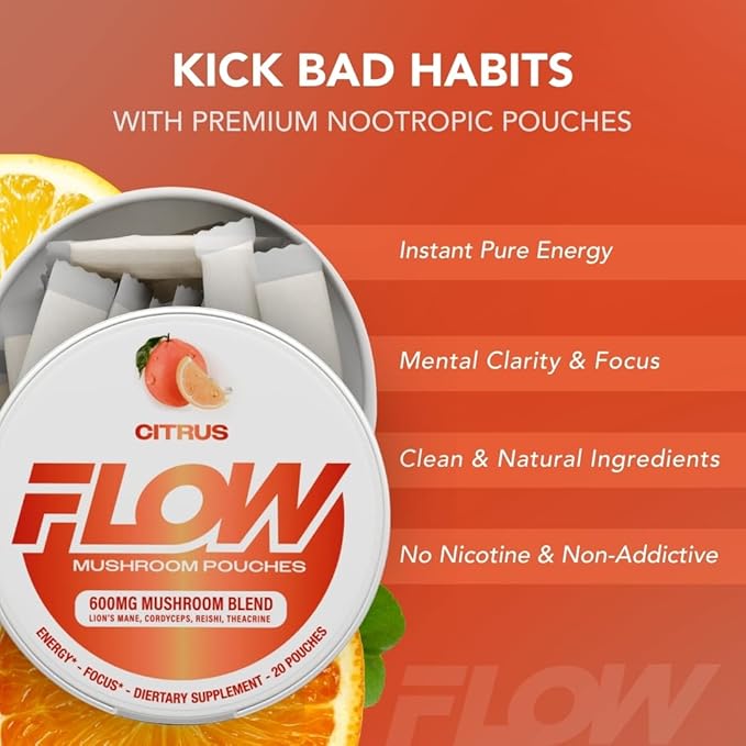 Mushroom Nootropic Pouches - 600mg Organic Mushroom Energy Ultra Pouches with Lion's Mane, Reishi, Cordyceps for Focus & Clean Energy - Zero Caffeine or Sugar (5 Can Pack, Citrus)