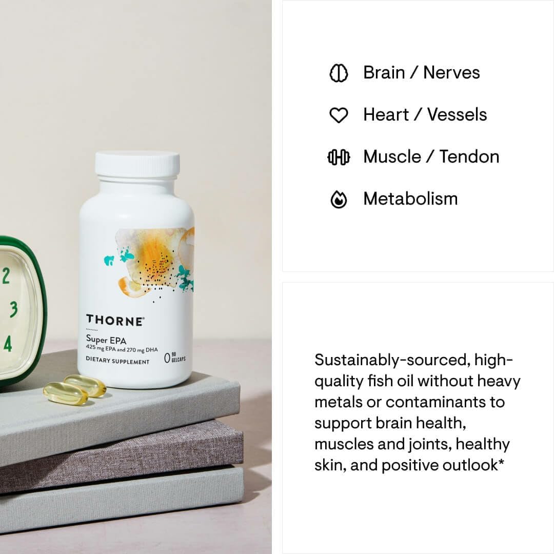 THORNE - Super EPA - Omega-3 Fatty Acids EPA 425mg & DHA 270mg Supplement - Support Brain, Cardiovascular, Joints & Skin* - Gluten, Dairy & Soy-Free - 90 Gelcaps