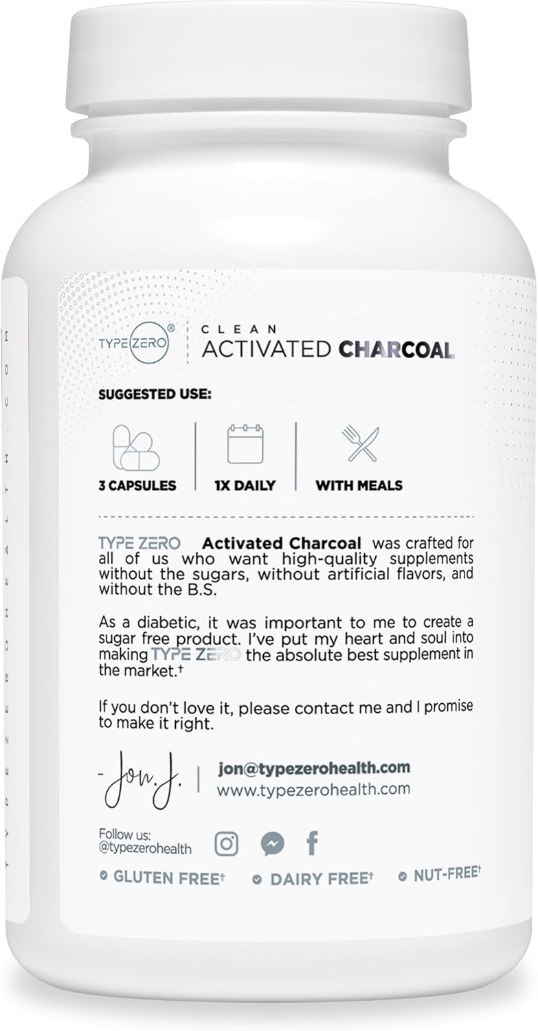 Type Zero Activated Charcoal Capsules (180 Count) - 60 Servings, 780mg Per Serving, from Coconut Shell, Non-GMO, Gluten-Free