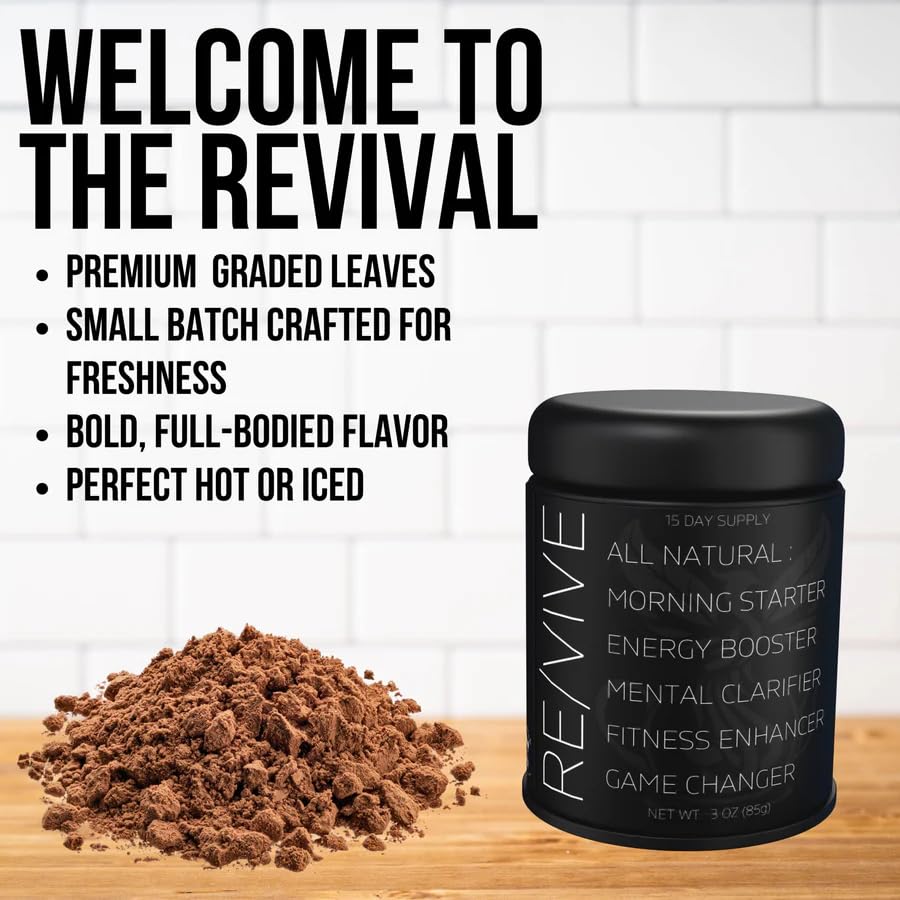 Revival Tea Company RE/VIVE - Mushroom Coffee Alternative - Herbal Tea made from Yerba Mate and Mushroom Powder - Low Caffeine - 3 Ounces