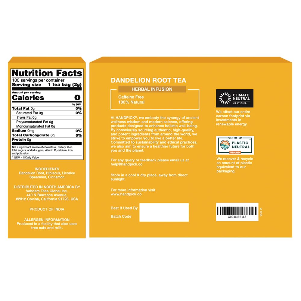 HANDPICK - Dandelion Root Tea bags, 100 Teabags - Natural Dandelion Herbal Tea for Liver & Kidney Health - Non-GMO - Caffeine-free - Support Digestion & Boost Immune System