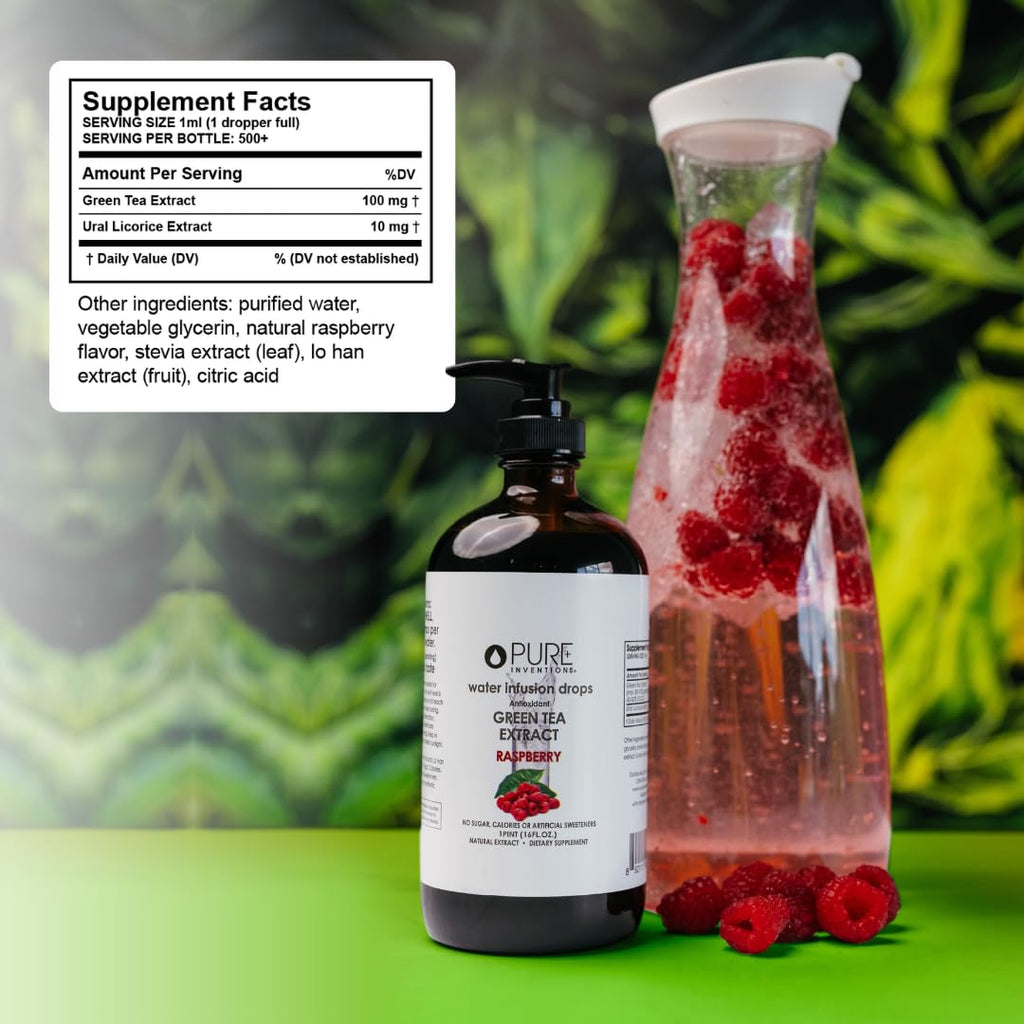 Pure Inventions - Green Tea Raspberry Water Infusion Drops - Antioxidants & Electrolytes - Health & Wellness Drink - Immunity Support - Sugar Free, Zero Calorie, No Artificial Sweeteners -500 Servings