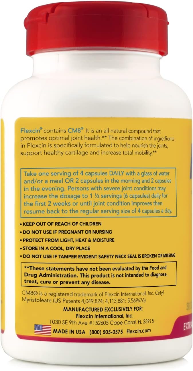 Flexcin Extra Strength Joint Formula with CM8 (Cetyl Myristoleate) - Joint Supplements for Men and Women with Glucosamine, MSM, Collagen Type II - 3 Pack (360 Capsules)