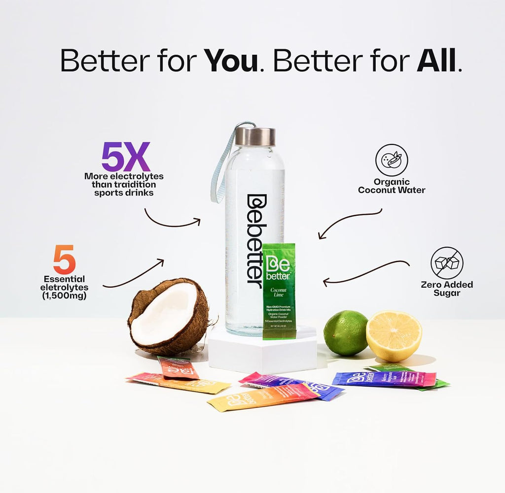 BeBetter Organic Electrolytes Powder Packets | Daily Electrolyte Drink Mix | Organic Coconut Water | No Artificial Flavors | Sugar Free Hydration Packets | non-GMO | 22 Hydration Sticks (Citrus Blend)