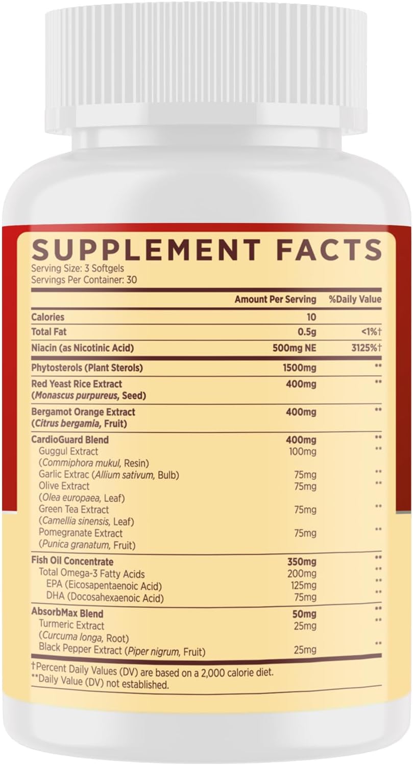 Cholesterol Supplements with Plant Sterols, Niacin, Red Yeast Rice, Bergamot, Omega-3 & Garlic - Advenced Absorption Formula - 90 Softgels