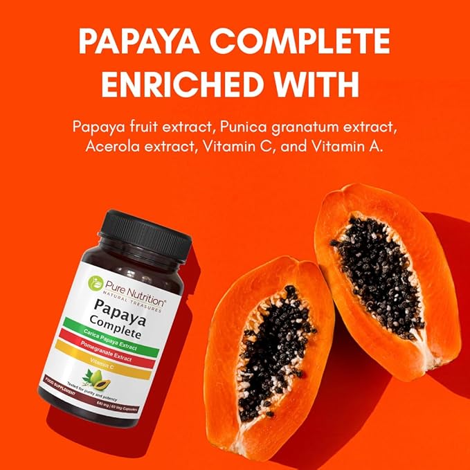 Pure Nutrition Papaya Complete | 120 Caps | Carica Papaya Leaf Extract with Iron, VIT C, VIT A & Folic Acid | Supports Platelet Immunity & Digestion Non-GMO | Gluten-Free