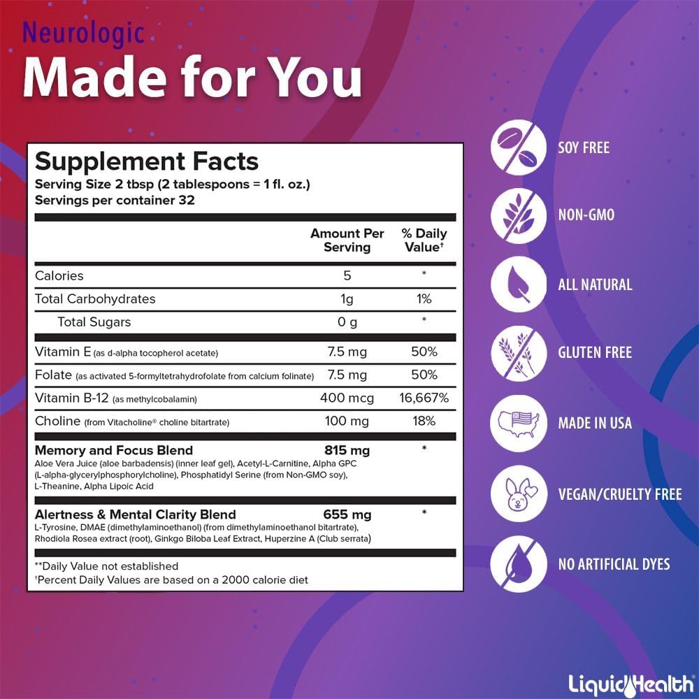 LIQUIDHEALTH Neurologic Focus Supplement - Brain Booster Nootropic Supplement for Cognitive Function, Memory & Focus with Ginkgo Biloba, Choline, L-Theanine & Phosphatidylserine - USA Made (2 Pack)