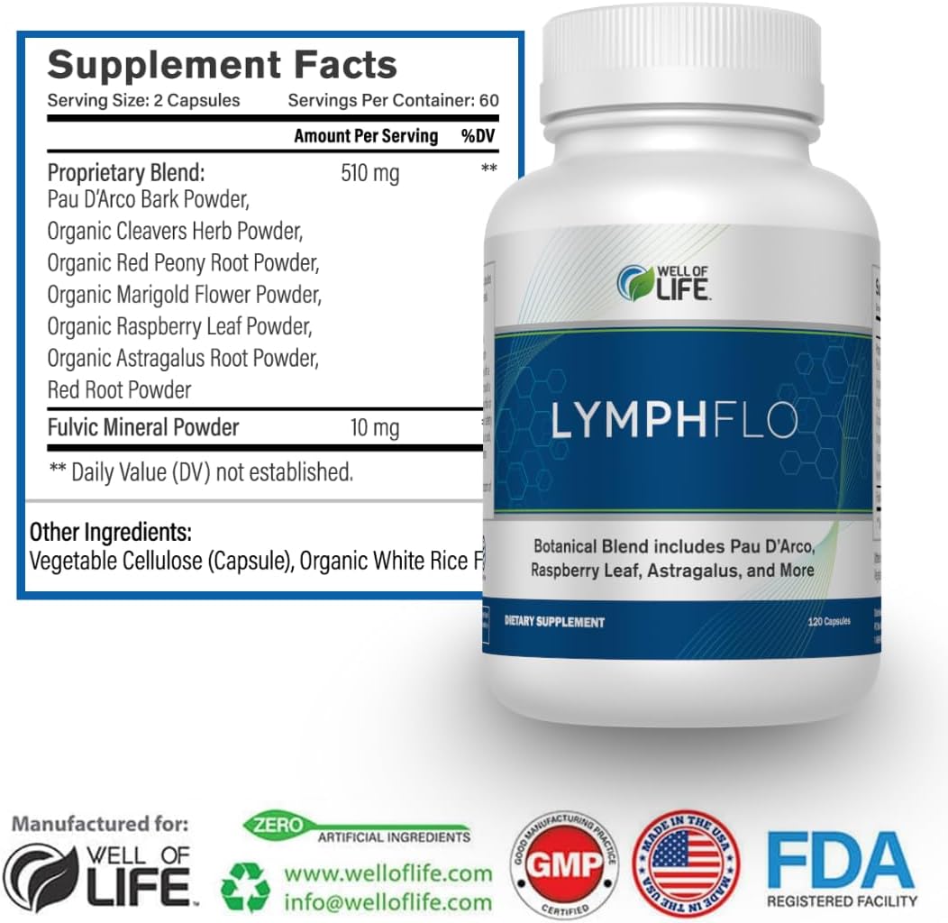 LymphFlo: Herbal Support for Detox, Immunity & Well-Being. Formulated with PAU d’Arco, Cleavers & Red Peony Root in 1100mg, 180 V-Capsules to Optimize Lymphatic Function, Enhance Vitality