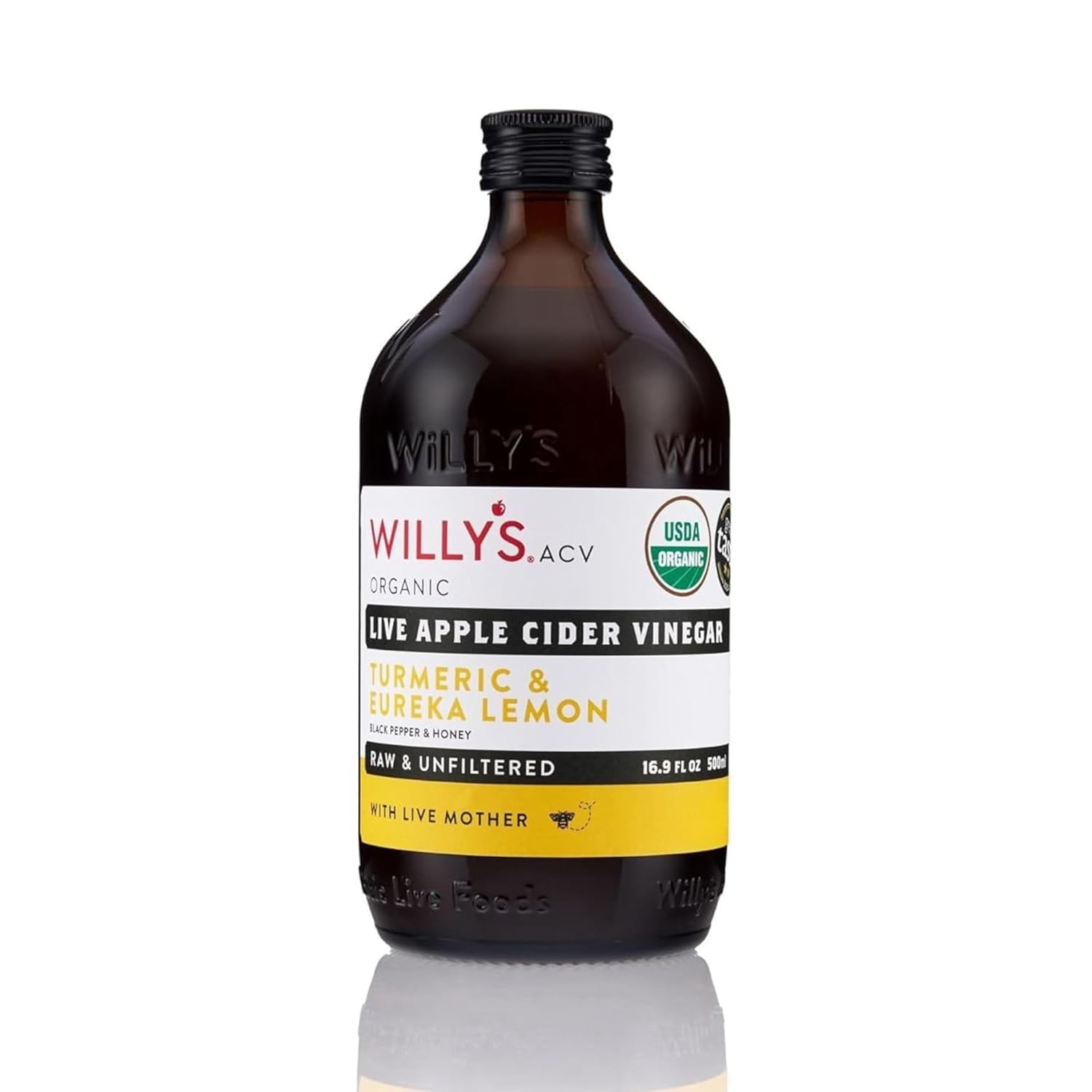 Willy's ACV Organic Probiotic Apple Cider Vinegar with Mother for Gut Health - with Turmeric & Eureka Lemon 16.9 fl oz