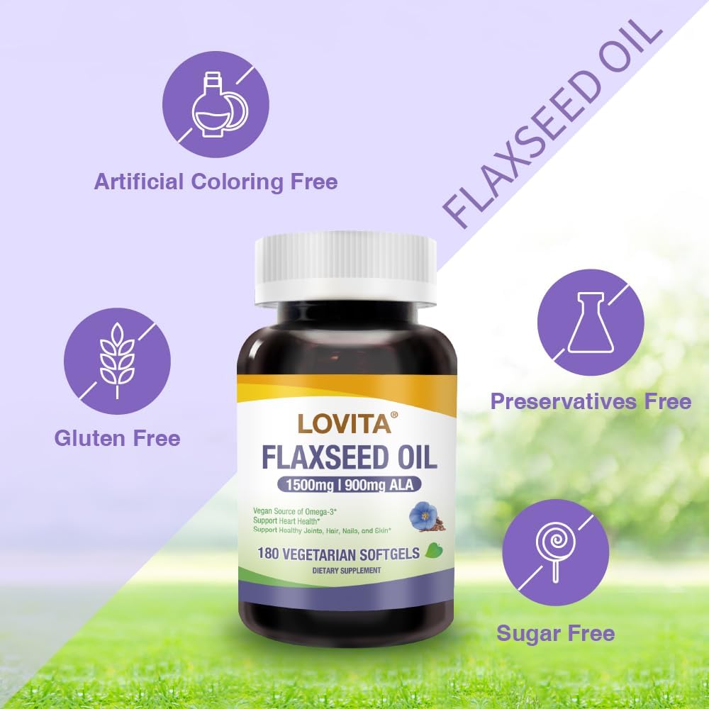 Lovita Cold-Pressed Flaxseed Oil, 1500mg with 900mg ALA Omega-3, Support Heart and Joint Health, Vegan, 180 Softgels