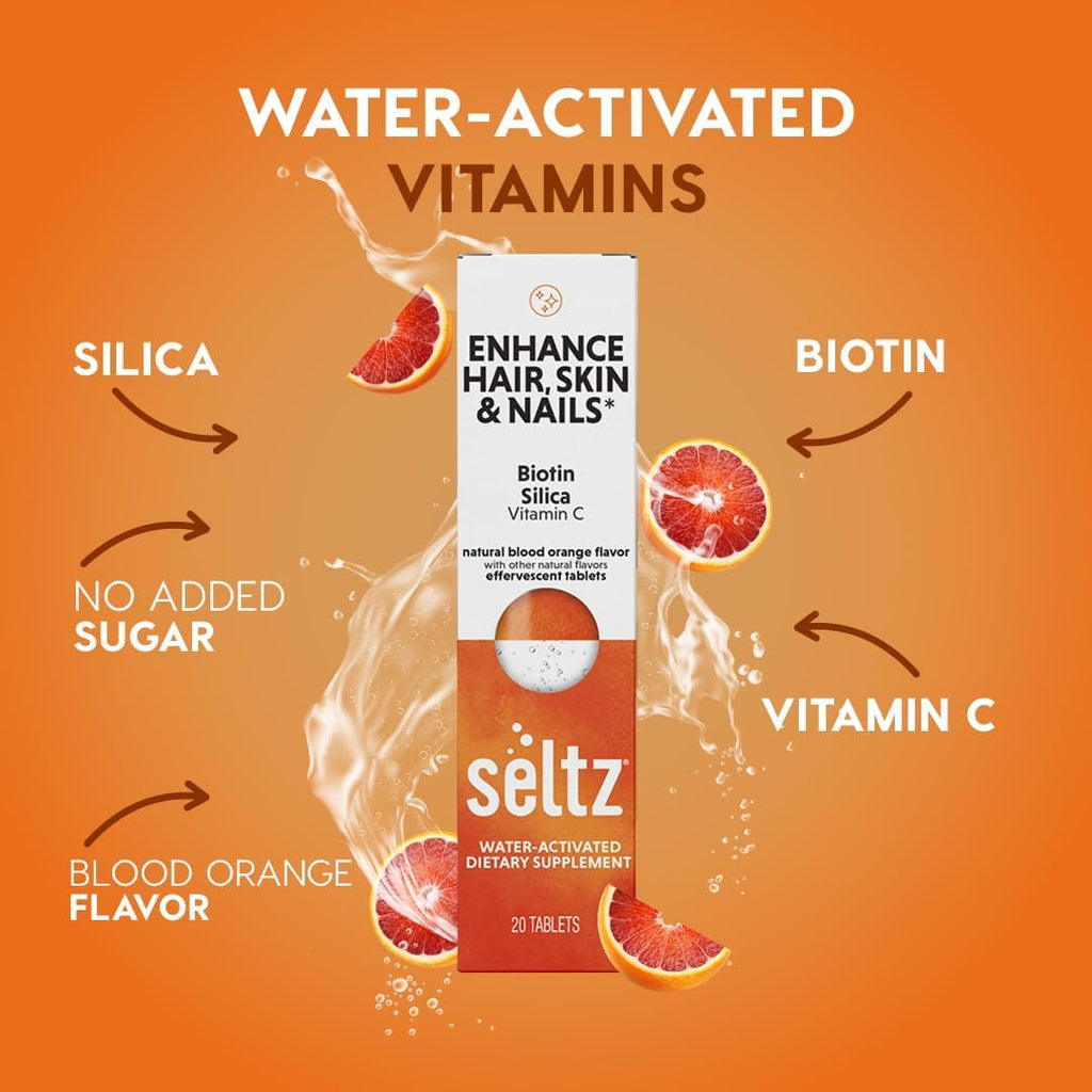 Seltz® Water-Activated Vitamins - Enhance Hair, Skin & Nails with Vitamin C, Silica, and Biotin – Natural Blood Orange Flavor Dietary Supplement - 1 Pack x 20 Effervescent Tablets