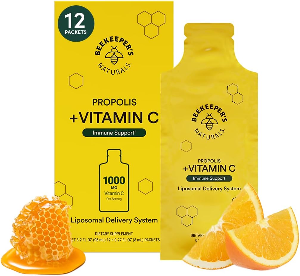 Propolis Liposomal Vitamin C by Beekeeper's Naturals, 1000mg Vitamin C, Propolis & Organic Honey, Supercharged Immune Support & Increased Bioavailibity for Max Absorption, 12 Ct