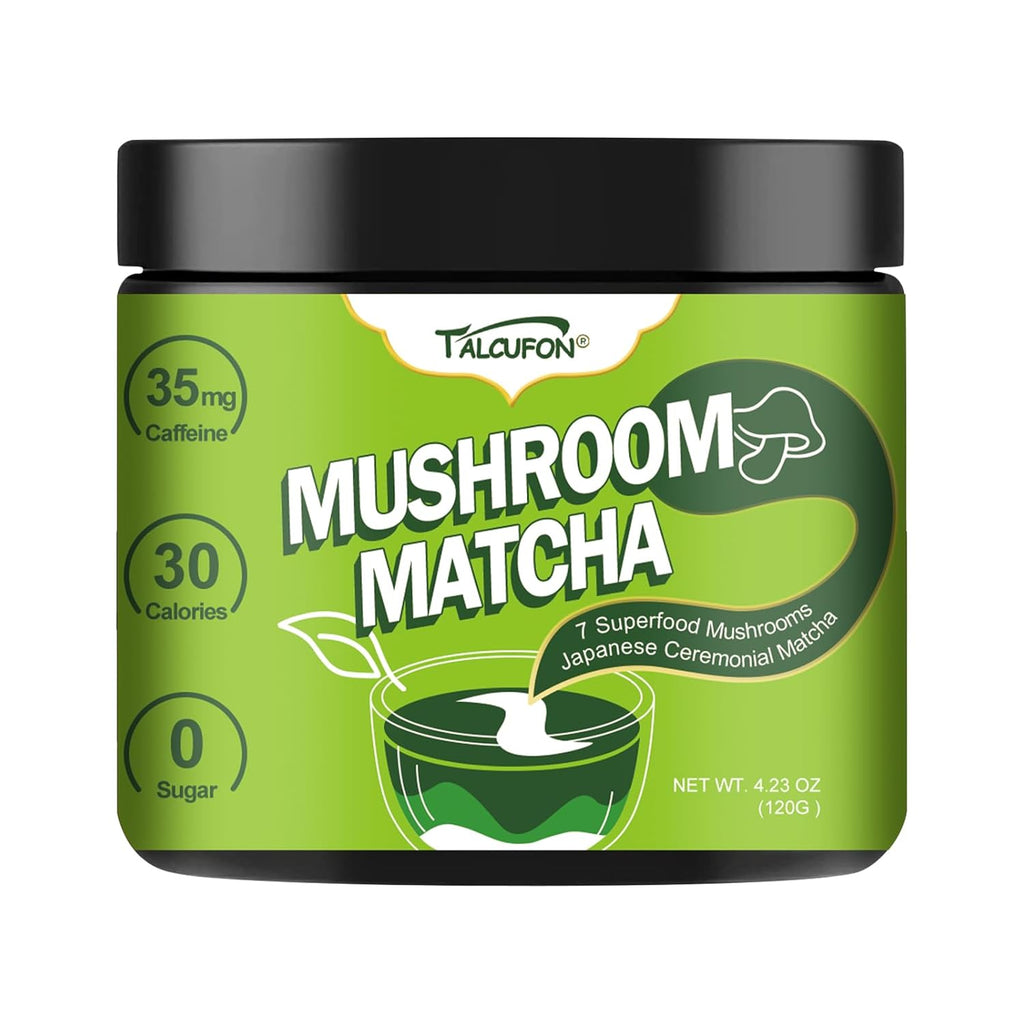 TALCUFON Mushroom Matcha 4.23 Oz, Japanese Ceremonial Matcha Blend 7 Superfood Mushrooms All Natural, Gluten Free, Taste Great Hot or Cold Latte 120G