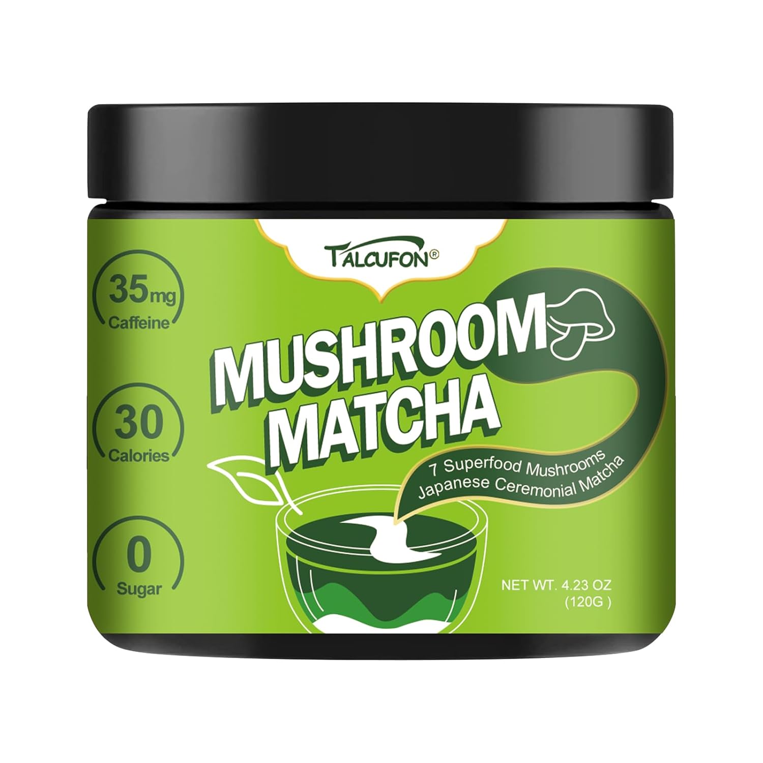 TALCUFON Mushroom Matcha 4.23 Oz, Japanese Ceremonial Matcha Blend 7 Superfood Mushrooms All Natural, Gluten Free, Taste Great Hot or Cold Latte 120G