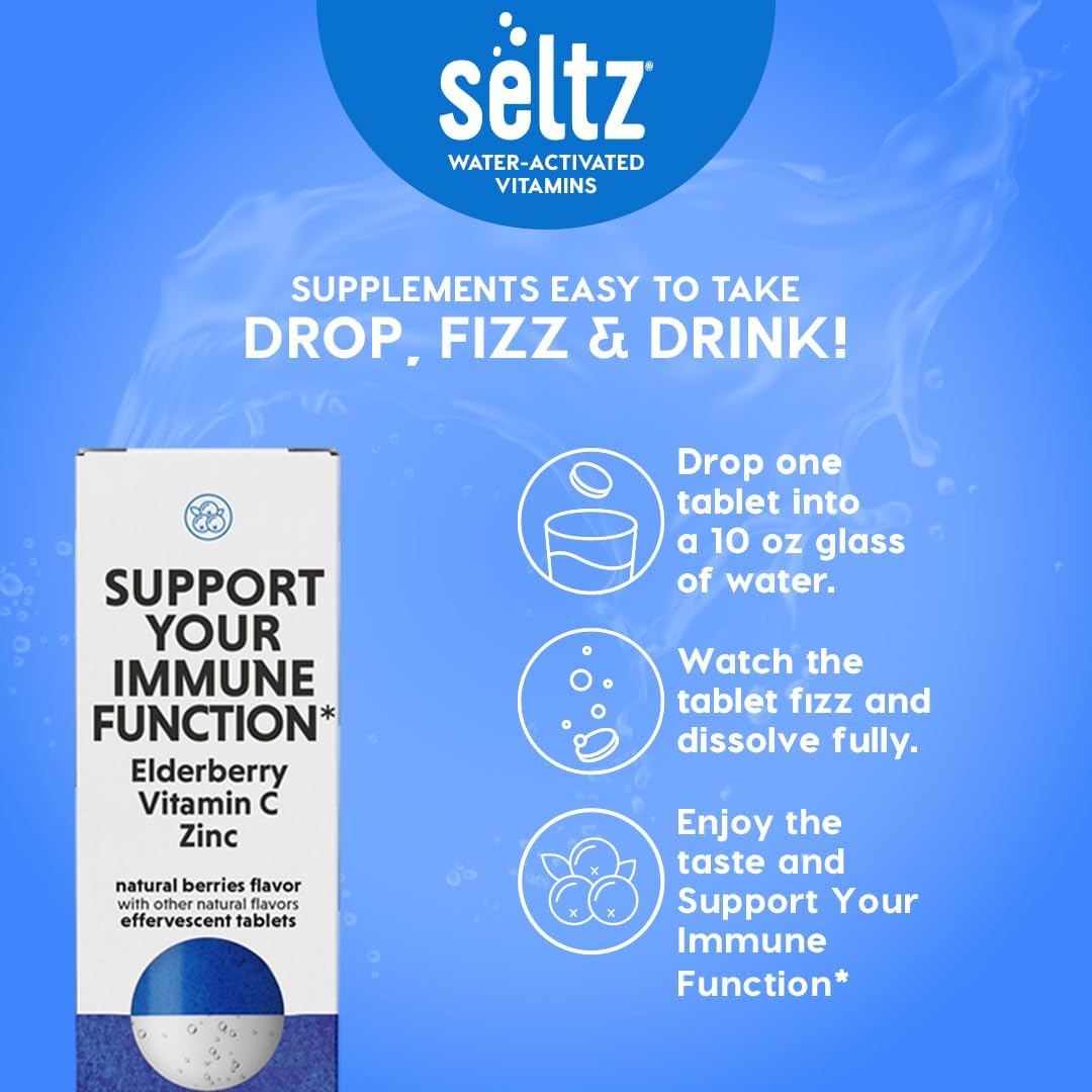 Seltz® Support Your Immune Function – Effervescent Vitamins with Vitamin C, Elderberry & Zinc for Daily Immune Support – Berries Flavor, 20 Tablets (Pack of 1)