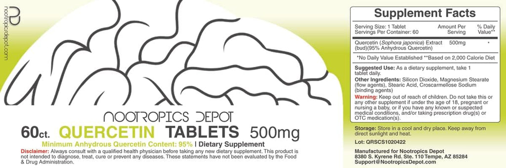 Nootropics Depot Quercetin Tablets | 500mg | 60 Count | 95% Anhydrous Quercetin