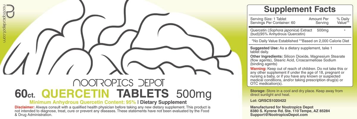 Nootropics Depot Quercetin Tablets | 500mg | 60 Count | 95% Anhydrous Quercetin