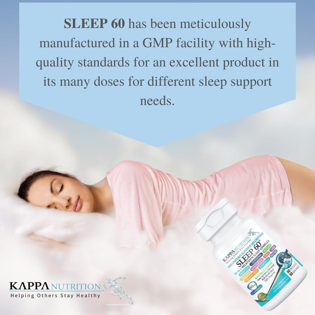 KAPPA NUTRITION Sleep 60, Sleep Aid, 60mg of Melatonin, 60-Day Supply, Non-Habit Forming Vegan Capsules Natural Ingredients for Easier Bedtime, Herbal Supplement, Valerian Root, Chamomile Non-GMO