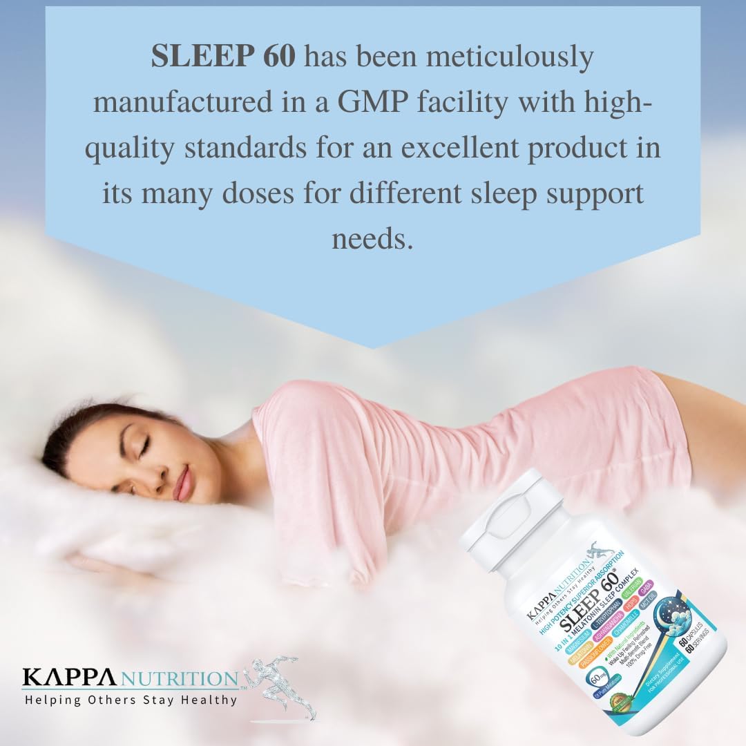 KAPPA NUTRITION Sleep 60, Sleep Aid, 60mg of Melatonin, 60-Day Supply, Non-Habit Forming Vegan Capsules Natural Ingredients for Easier Bedtime, Herbal Supplement, Valerian Root, Chamomile Non-GMO