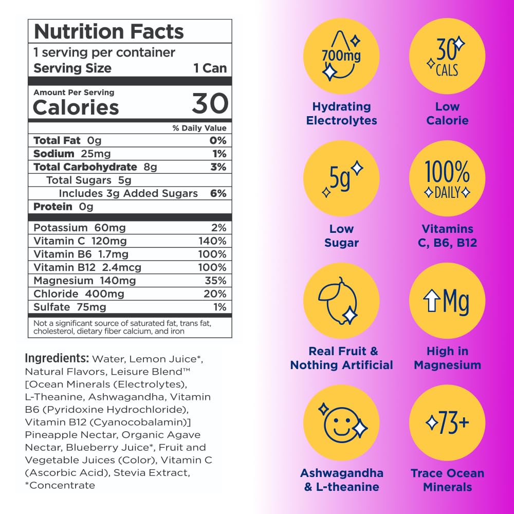 Leisure Hydration Non-Carbonated Electrolyte Refresher, Wild Blueberry Flavor - Low Sugar Nutrient Enhanced Water Beverage - Get The Best Hydration Packed w/ Magnesium & Ashwagandha For Mood & Stress Support, Non-GMO, 16 oz (12-Cans)