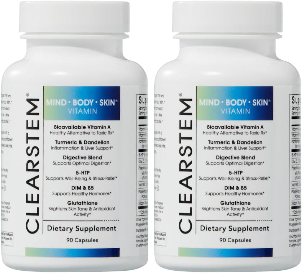 CLEARSTEM - MINDBODYSKIN Hormonal Acne Supplement (5-HTP) - Natural DIM Supplement - Skin Care Vitamins - Hormone Balance, Antioxidants - Gluten Free, Cruelty Free - 60 Servings, 180 Capsules