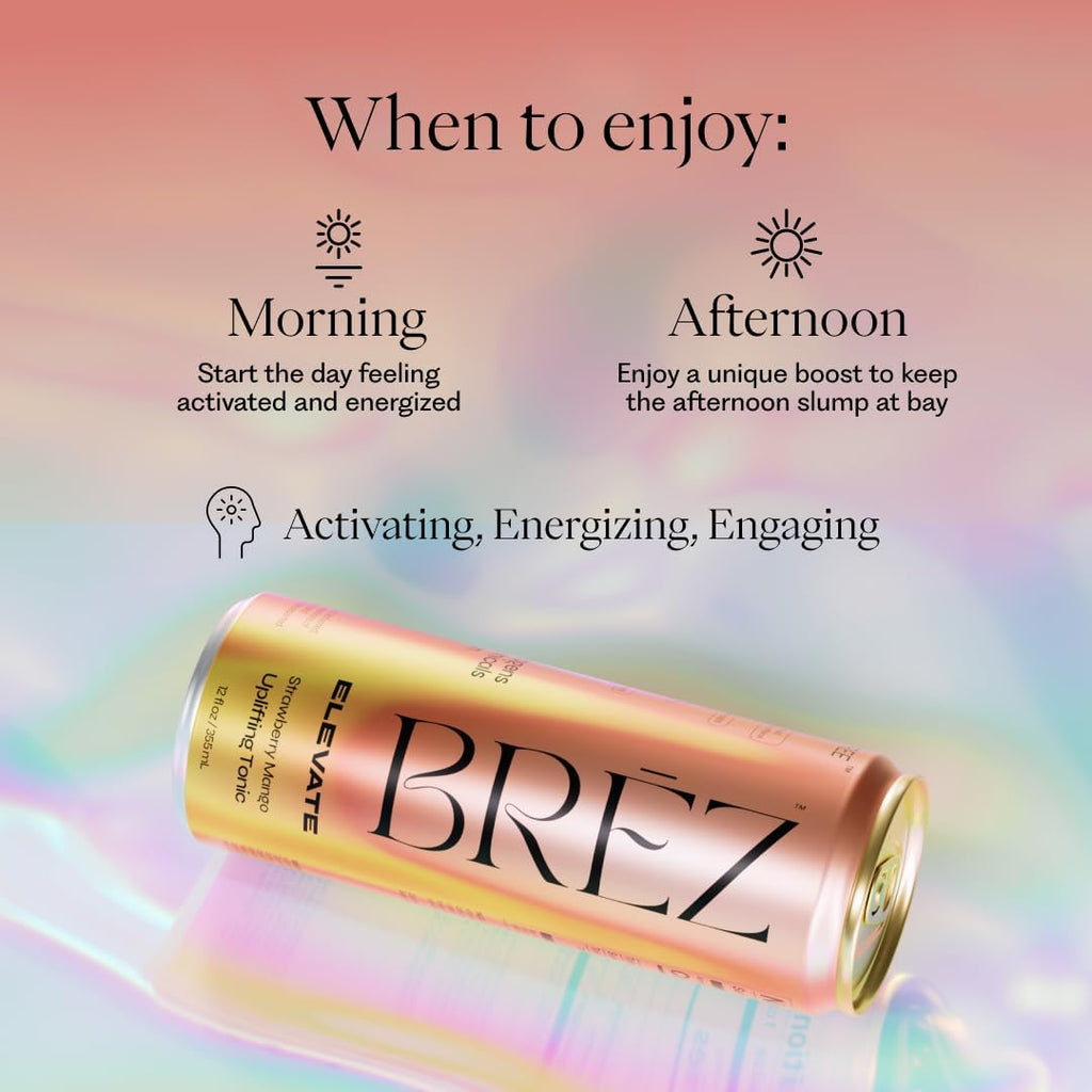 BRĒZ ELEVATE Cordyceps Mushroom Drink, Non-Infused Uplifting Tonic with Cordyceps, Guayusa, Maca & Ginseng, Vegan Adaptogen Drink for Focus, Drive & Mental Clarity, Strawberry Mango, 12 fl oz, 12 Pack