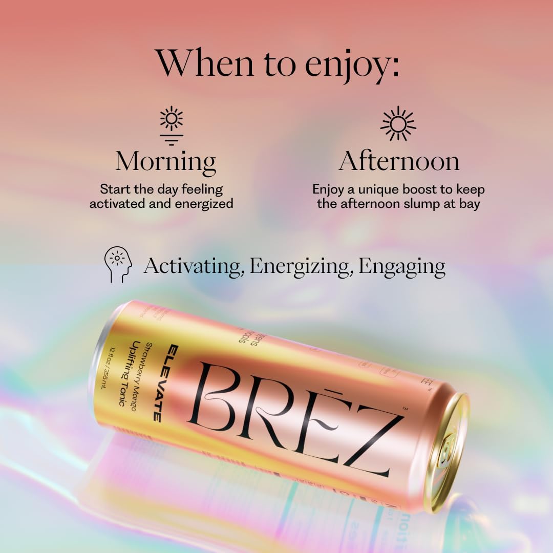 BRĒZ ELEVATE Cordyceps Mushroom Drink, Non-Infused Uplifting Tonic with Cordyceps, Guayusa, Maca & Ginseng, Vegan Adaptogen Drink for Focus, Drive & Mental Clarity, Strawberry Mango, 12 fl oz, 8 Pack