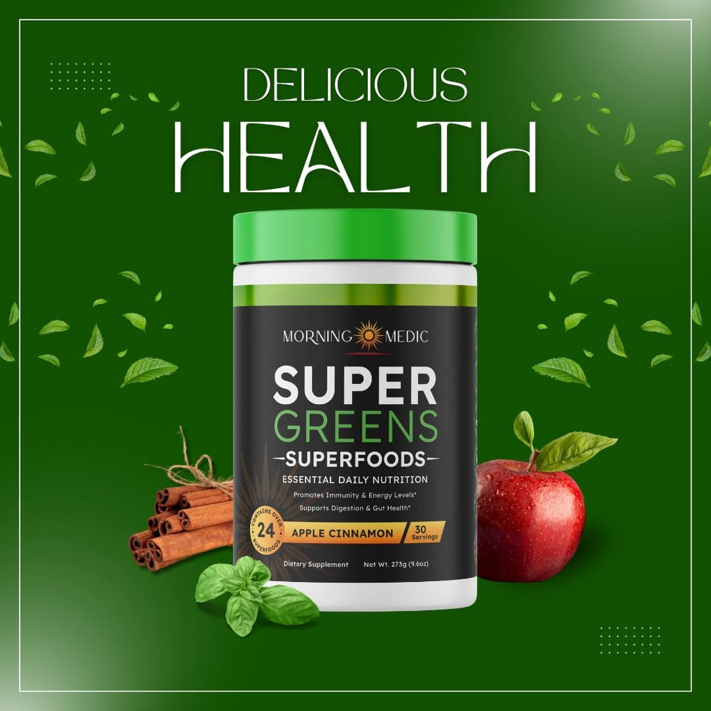 Super Greens Powder with 24+ Superfoods, Premium Nutrient-Dense Blend, Promotes Immunity & Energry Levels, Supports Disgestion & Gut Health, Apple Cinnamon Flavor, 9.6 oz