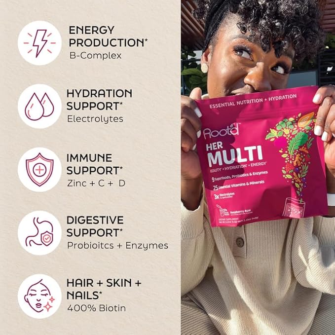 Root'd Multivitamin Powder with 3X Electrolytes for Women - 25 Vitamins & Minerals, 3X Electrolytes, 9 Organic Superfoods, Probiotics & Enzymes, Sugar-Free Multivitamin & Hydration | 24 Packets