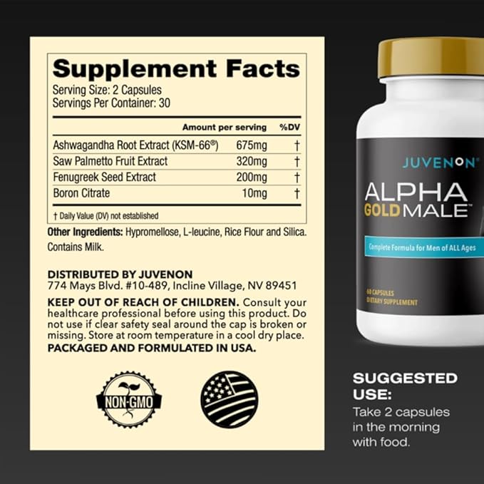 Juvenon Alpha Gold Male Testosterone Booster for Men - T-Support & Male Vitality with KSM-66 Ashwagandha + Fenugreek + Boron Citrate + Saw Palmetto, Non-GMO Vegetarian Capsules