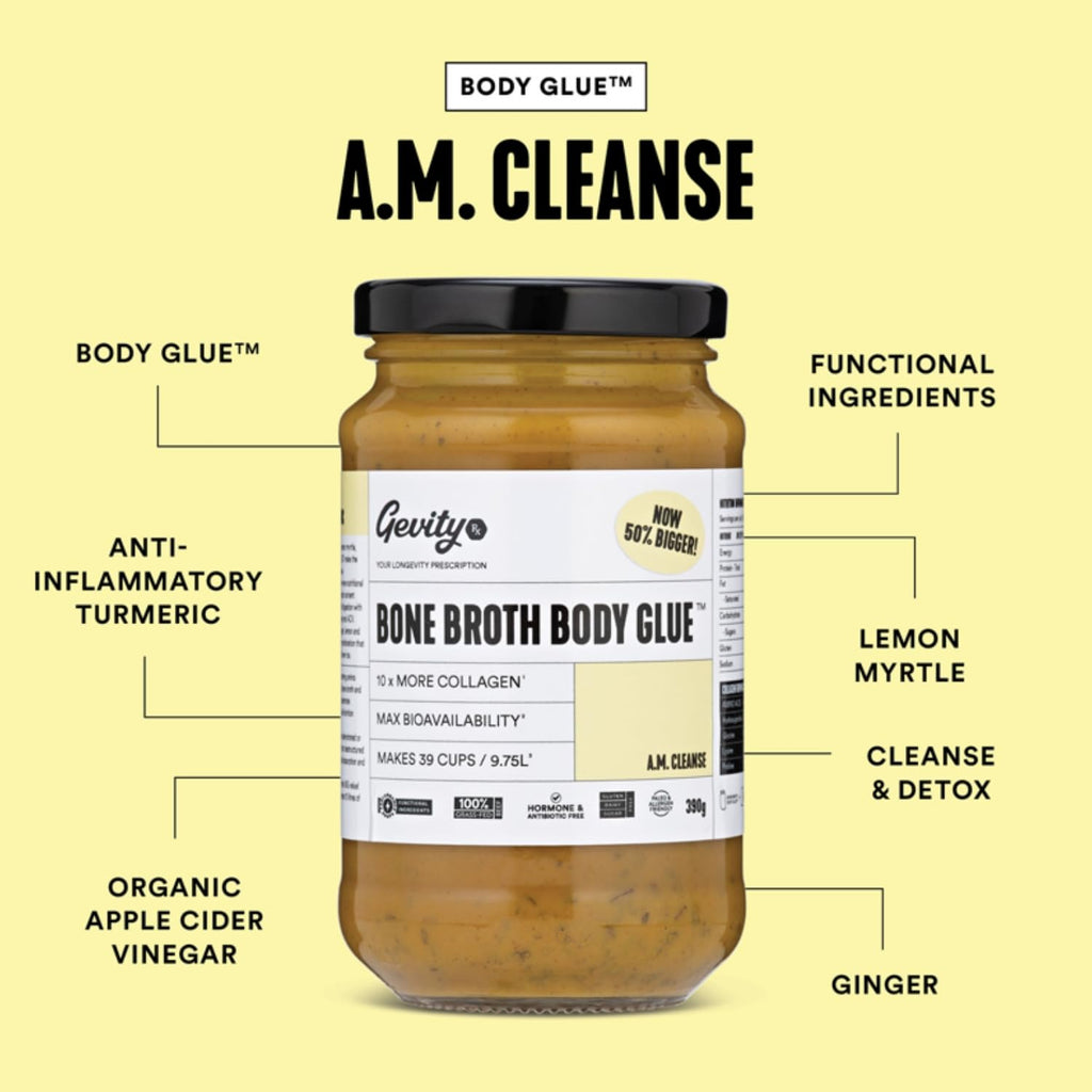 Gevity Rx Bone Broth Body Glue™- Bone Broth - Concentrate - 10x more collagen* - Sip, Cook, Create - 100% Grass Fed Beef (13.75 Ounce, A.M Cleanse)