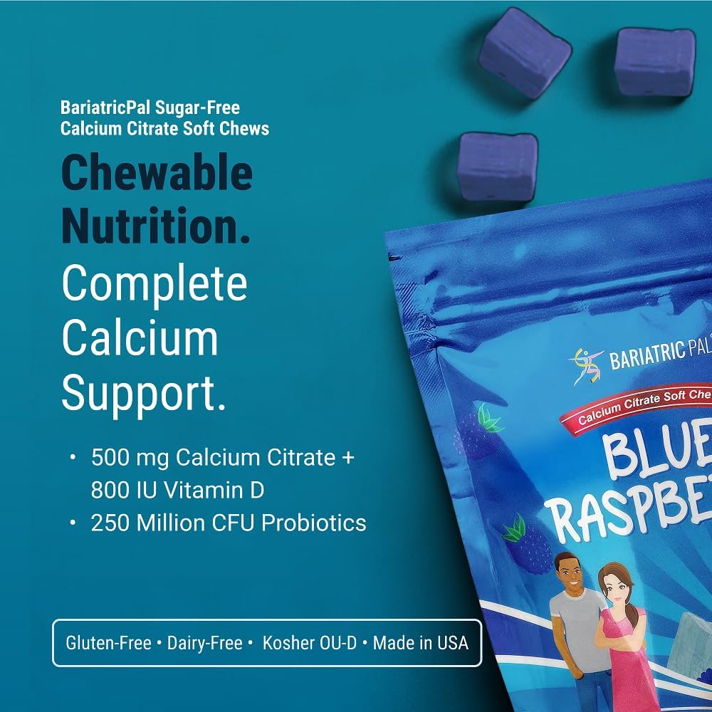 BariatricPal Sugar-Free Calcium Citrate Soft Chews | 500mg with Vitamin D & Probiotics | Blue Raspberry | 90 Count (1 Month Supply)