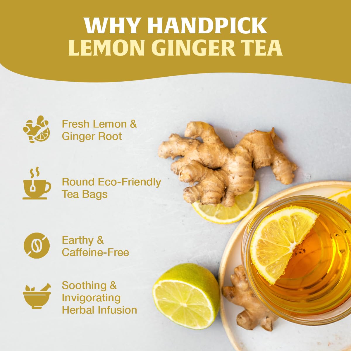 HANDPICK, Lemon Ginger Herbal Tea - 100 Pyramid Tea Bags | 100% Natural Ingredients, Tasty & Citrusy Hand-made Blend of Lemon & Ginger | Caffeine Free, Gluten Free | No Artificial Ingredients