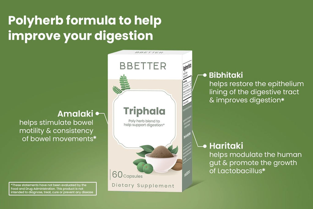 BBETTER Triphala – Ayurvedic Herbal Supplement with Amla, Haritaki & Bibhitaki for Occasional Constipation & Bloating – Supports Digestion, Healthy Bowel Function, Colon Cleanse & Detox - 120 Capsules