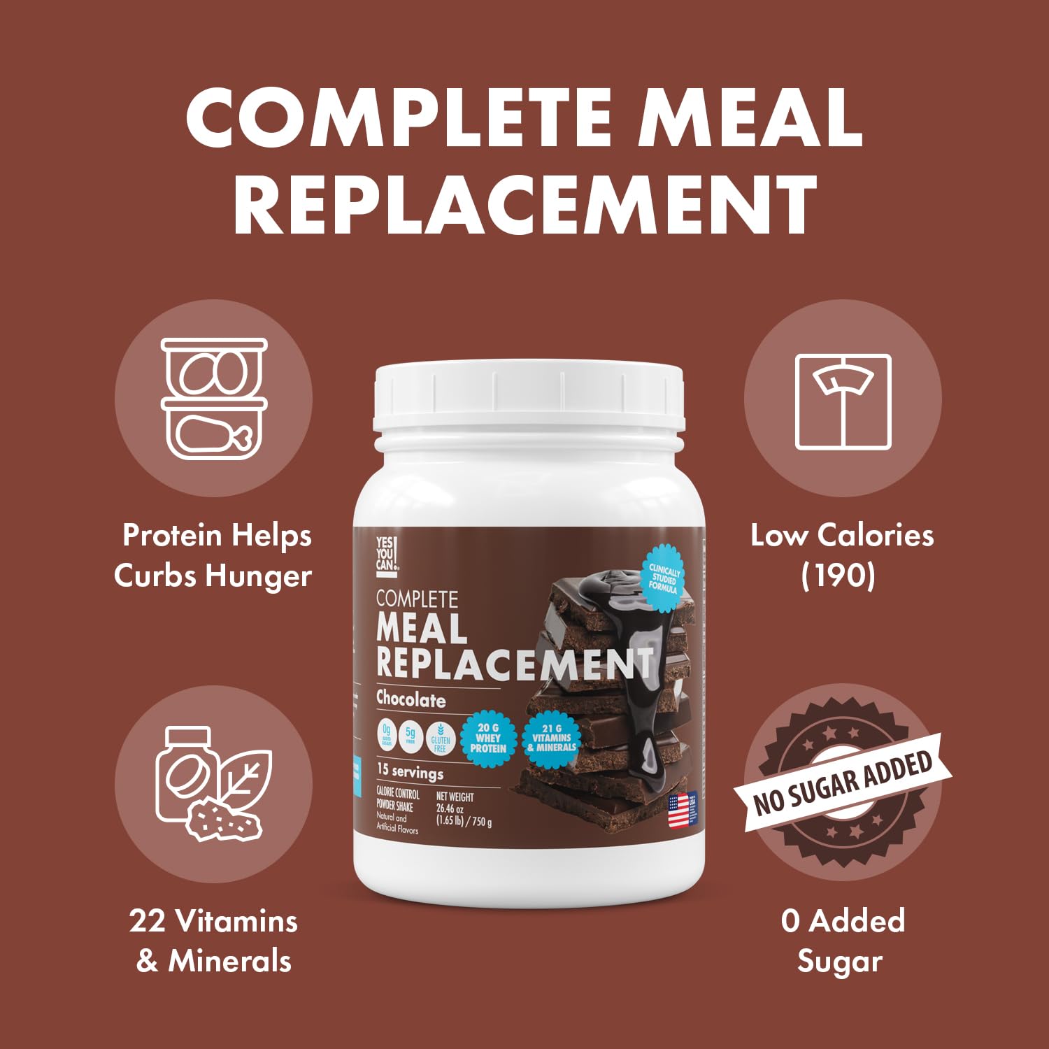 Yes You Can! Meal Replacement Shake - 20G Protein, 5G Fiber, 21 Vitamins & Minerals, 0G Added Sugar - Meal Replacement Protein Powder - Complete All-in-One Nutrition - 15 Servings (Chocolate)