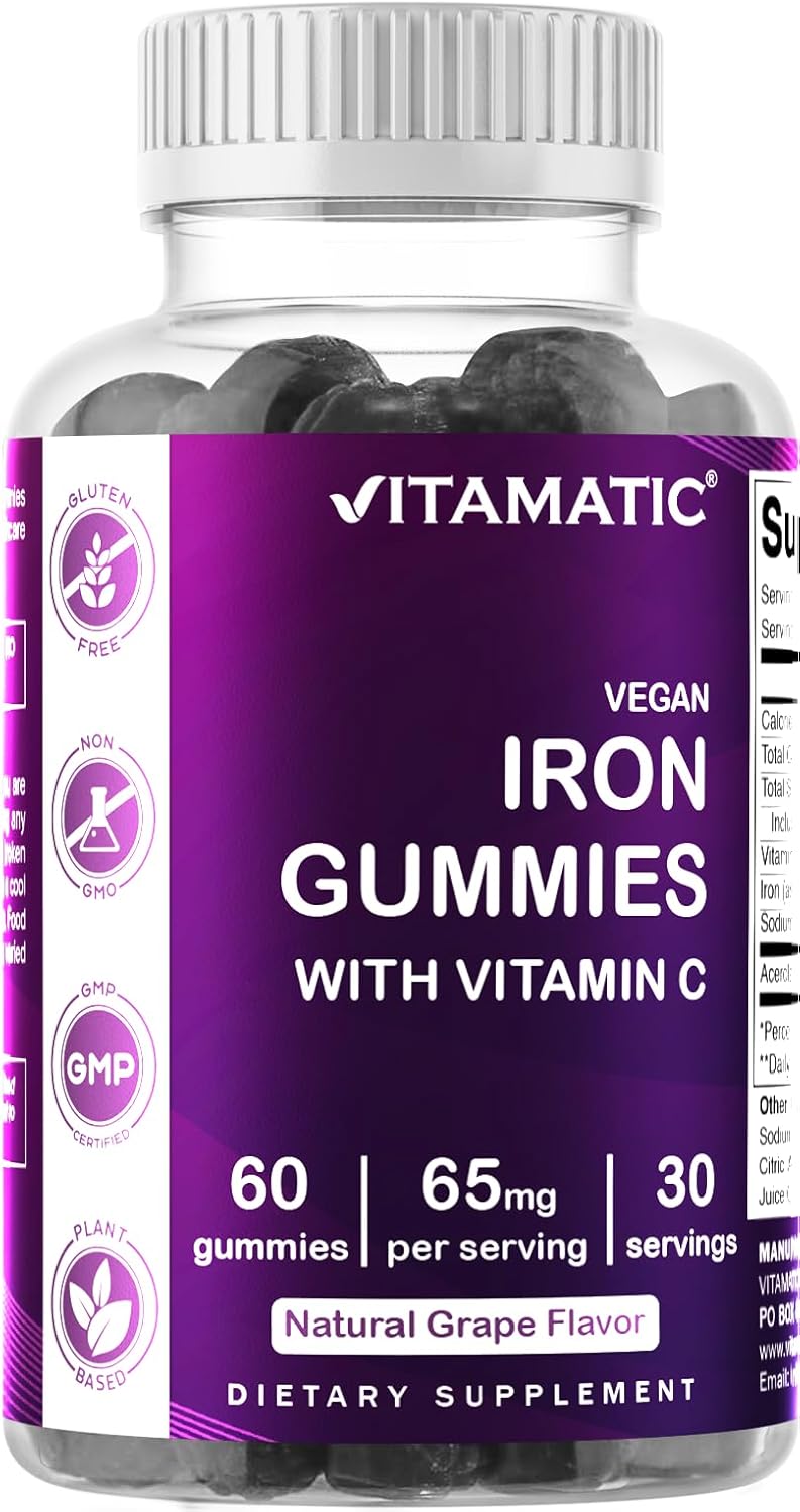 Vitamatic Iron 65 mg Gummies Supplement for Women & Men - 60 Vegan Gummies - Great Tasting Iron Gummy Vitamins with Vitamin C (1)