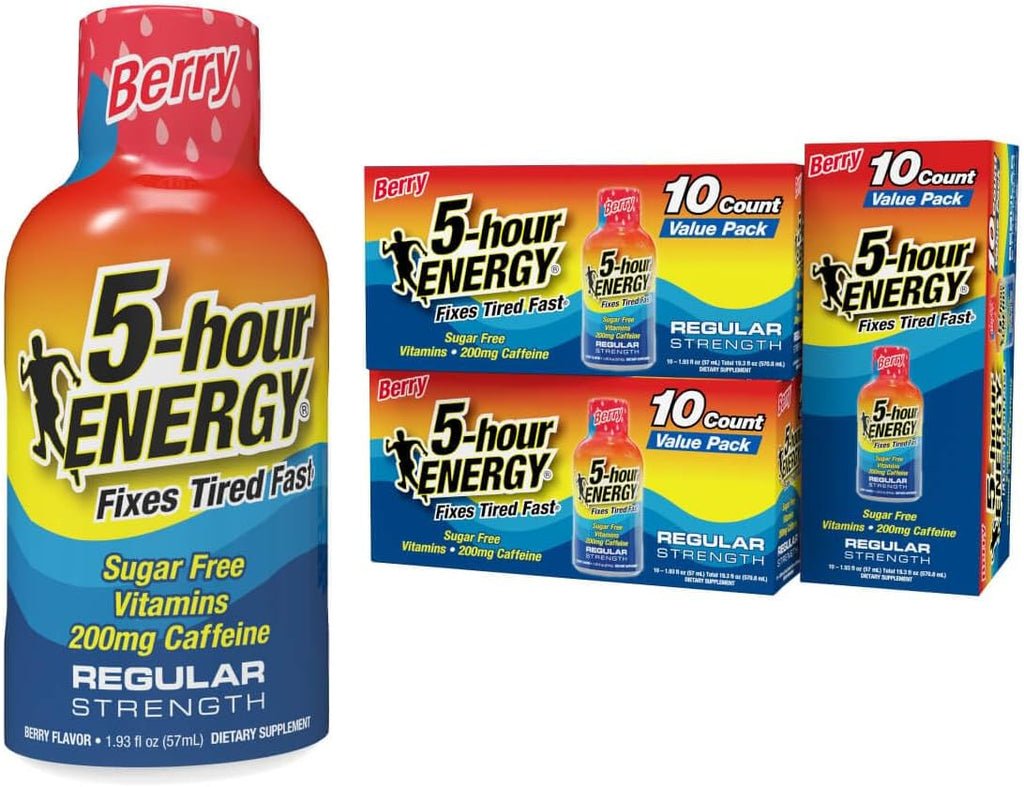5-hour ENERGY Shots Regular Strength, Berry Flavor, 30 Count, 1.93 Fl Oz, Sugar Free, Zero Calories, Amino Acids and Essential B Vitamins, Dietary Supplement, Feel Alert and Energized, 200 mg Caffeine