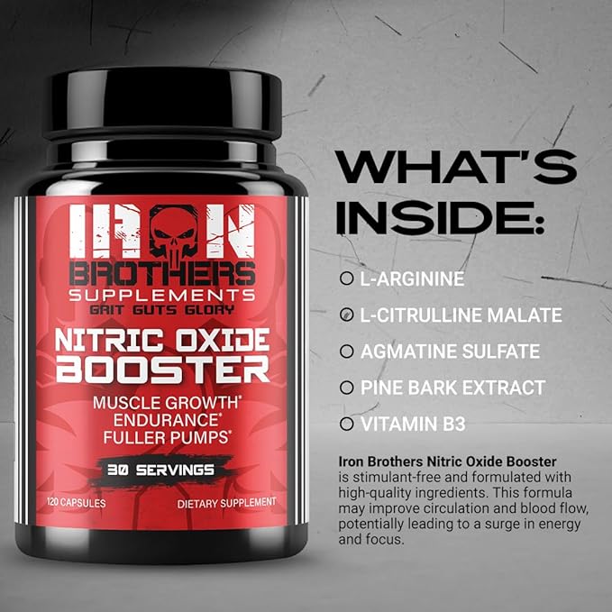 Iron Brothers Nitric Oxide Supplement for Men & Women | Pre-Workout Nitric Oxide Booster for Enhanced Muscle Pump, Blood Flow & Endurance | L-Arginine, L-Citrulline, Pine Bark Extract | 120 Vegan Caps